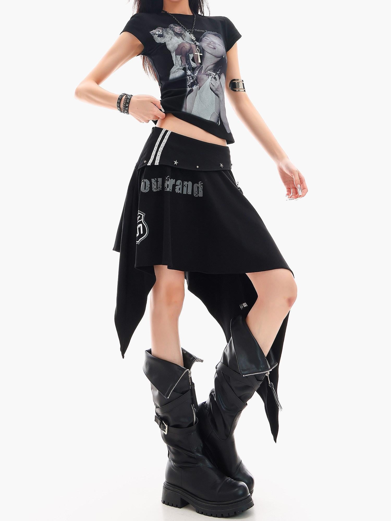QIUQIU STUDIO Letter Print Asymmetrical Irregular Hem Women&