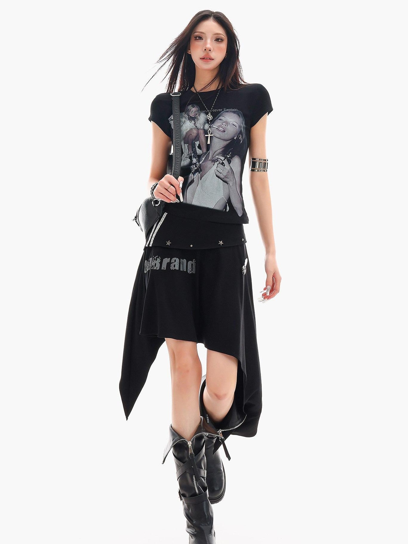 QIUQIU STUDIO Letter Print Asymmetrical Irregular Hem Women&