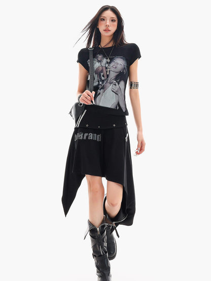 QIUQIU STUDIO Letter Print Asymmetrical Irregular Hem Women&