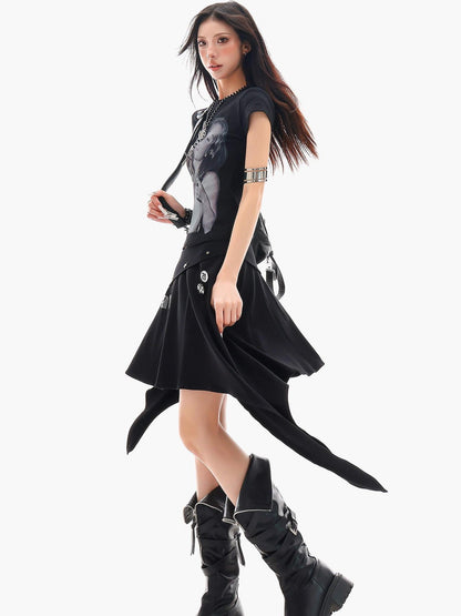 QIUQIU STUDIO Letter Print Asymmetrical Irregular Hem Women&