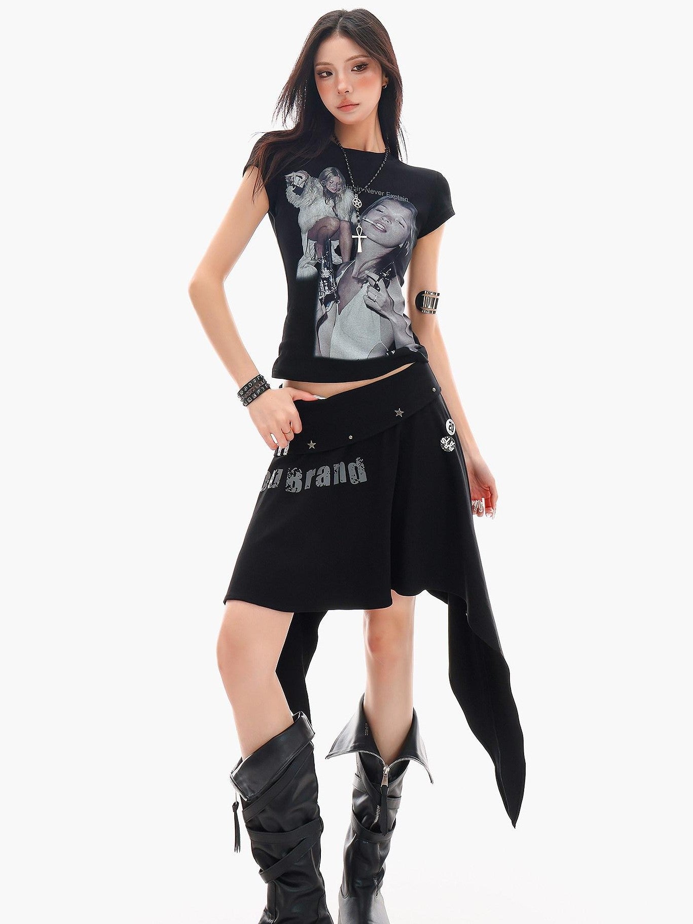 QIUQIU STUDIO Letter Print Asymmetrical Irregular Hem Women&