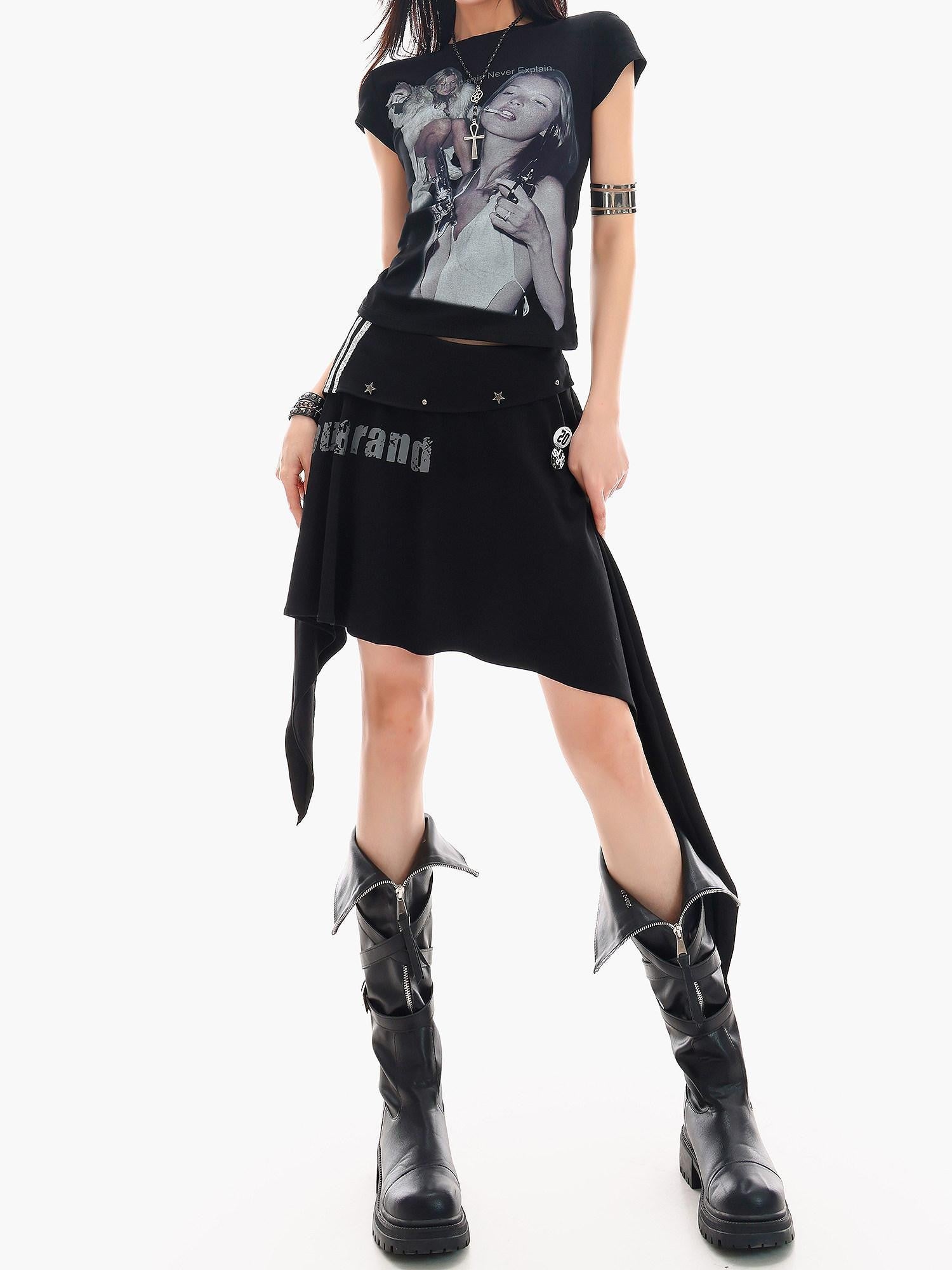 QIUQIU STUDIO Letter Print Asymmetrical Irregular Hem Women&