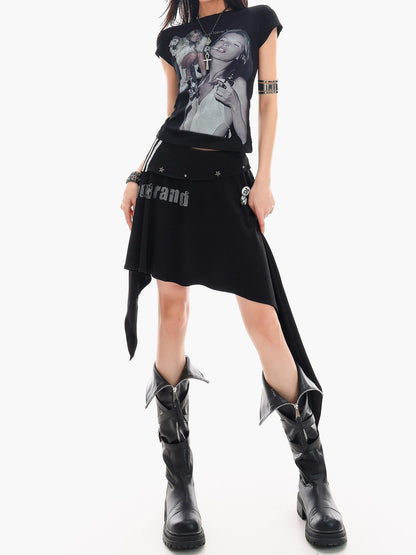 QIUQIU STUDIO Letter Print Asymmetrical Irregular Hem Women&