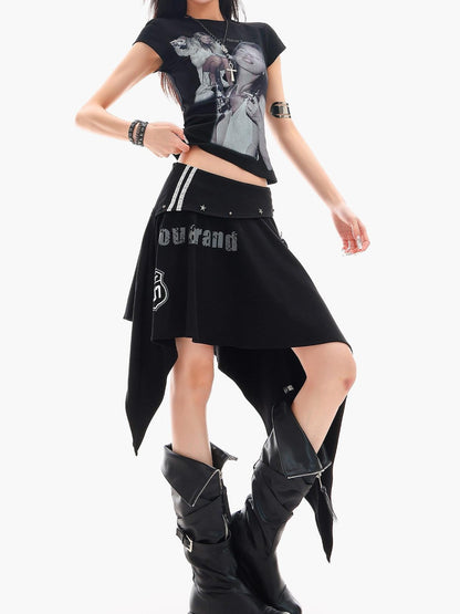QIUQIU STUDIO Letter Print Asymmetrical Irregular Hem Women&