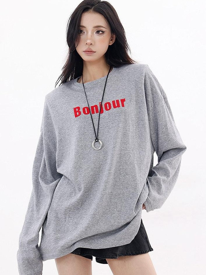 QIUQIU STUDIO Letter Print Colorblock Crewneck Loose Women&
