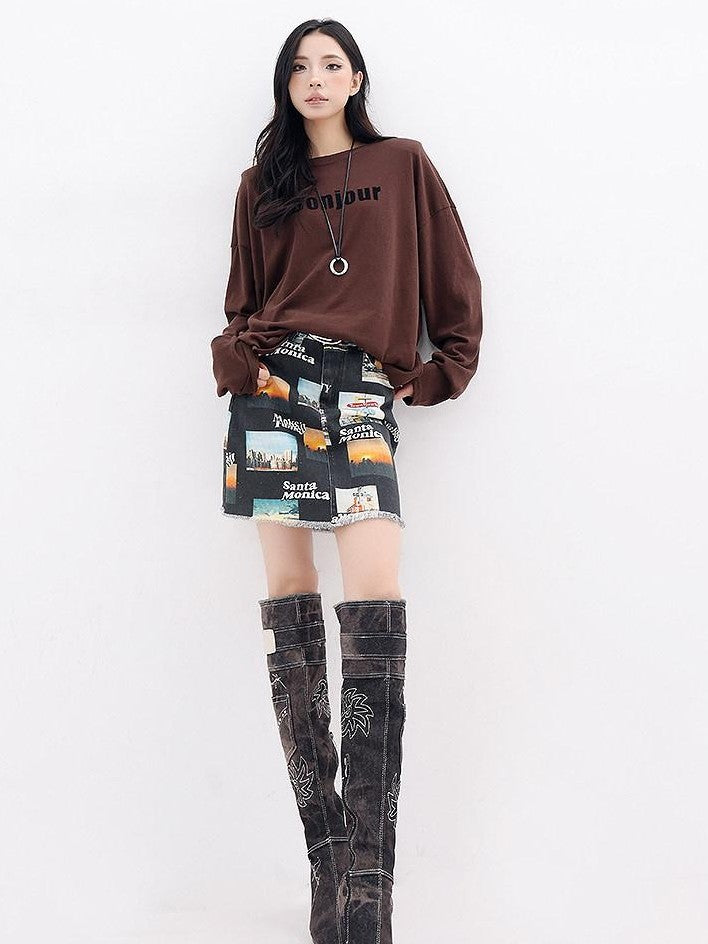 QIUQIU STUDIO Letter Print Colorblock Crewneck Loose Women&