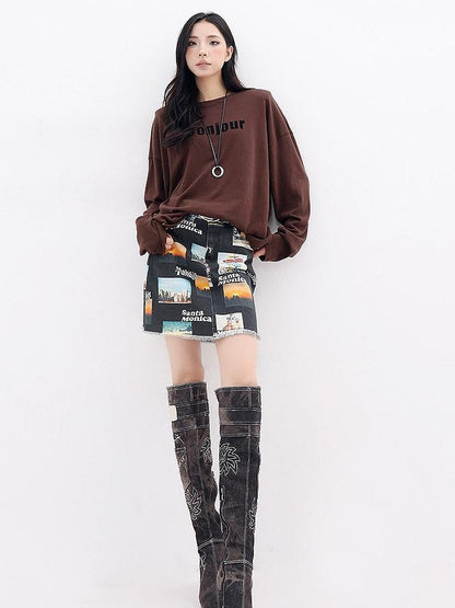 QIUQIU STUDIO Letter Print Colorblock Crewneck Loose Women&