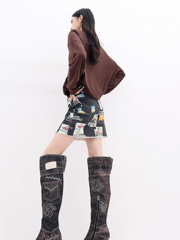 QIUQIU STUDIO Letter Print Colorblock Crewneck Loose Women&