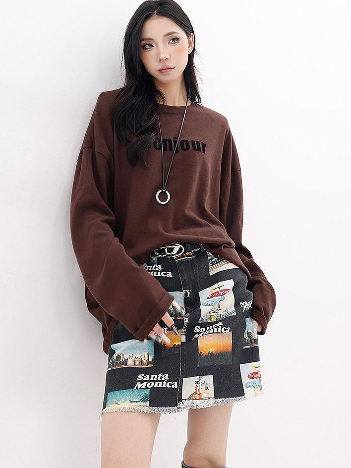 QIUQIU STUDIO Letter Print Colorblock Crewneck Loose Women&