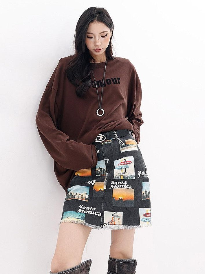QIUQIU STUDIO Letter Print Colorblock Crewneck Loose Women&
