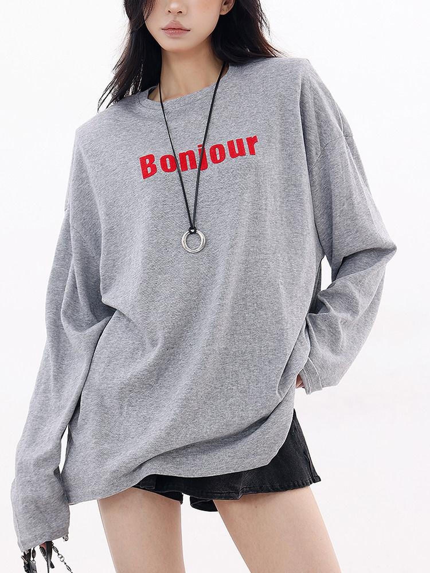 QIUQIU STUDIO Letter Print Colorblock Crewneck Loose Women&