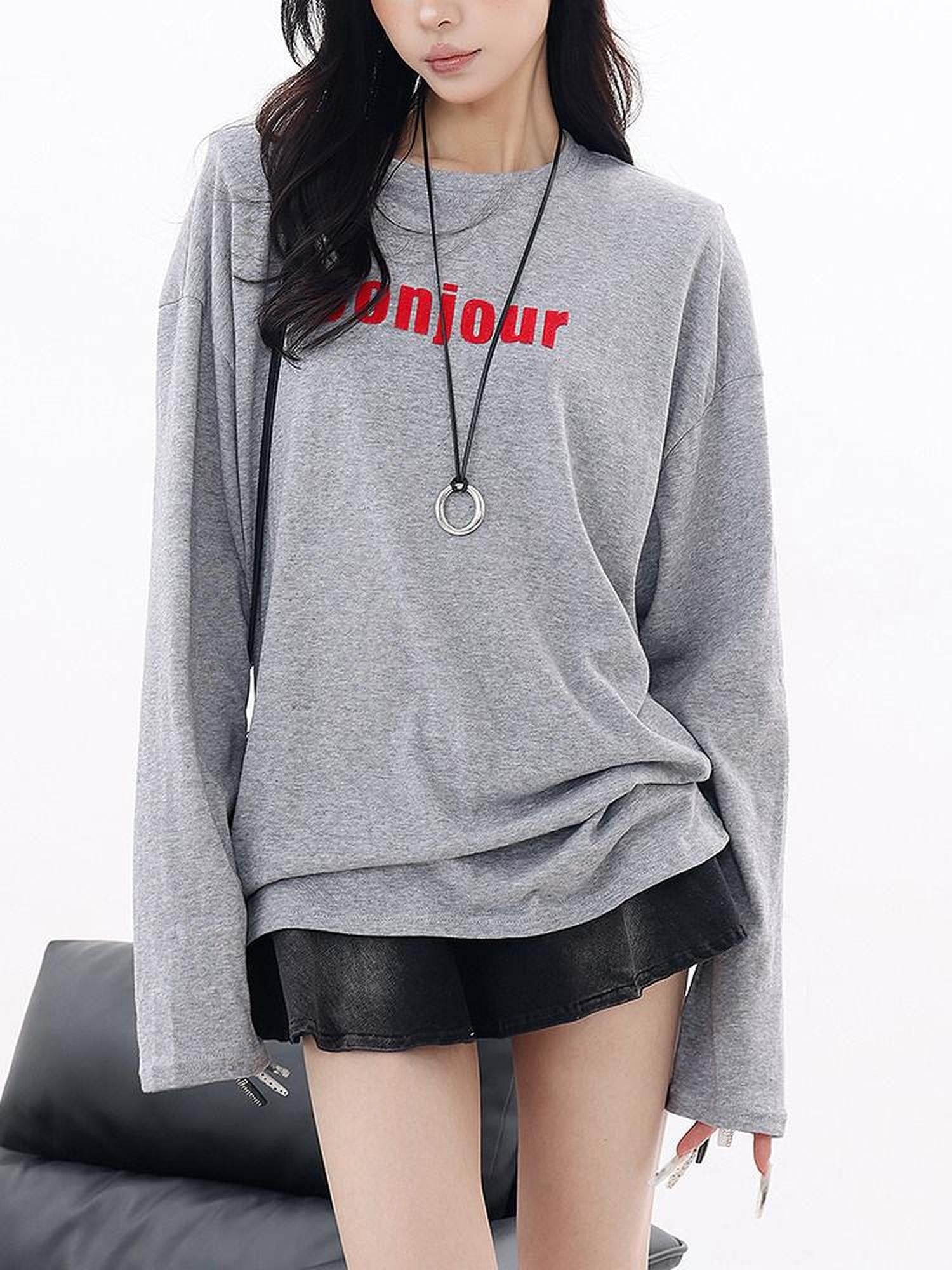 QIUQIU STUDIO Letter Print Colorblock Crewneck Loose Women&