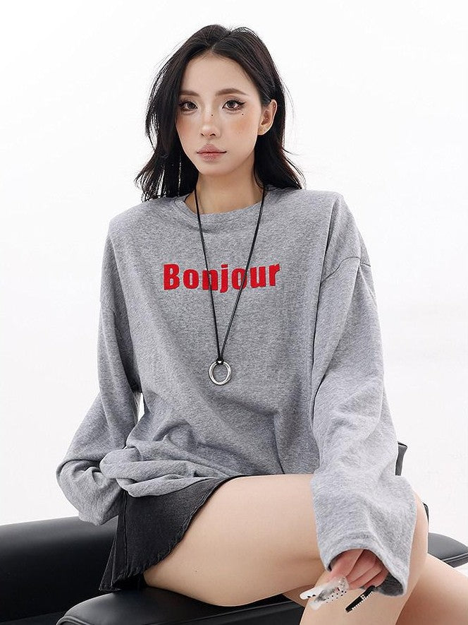 QIUQIU STUDIO Letter Print Colorblock Crewneck Loose Women&