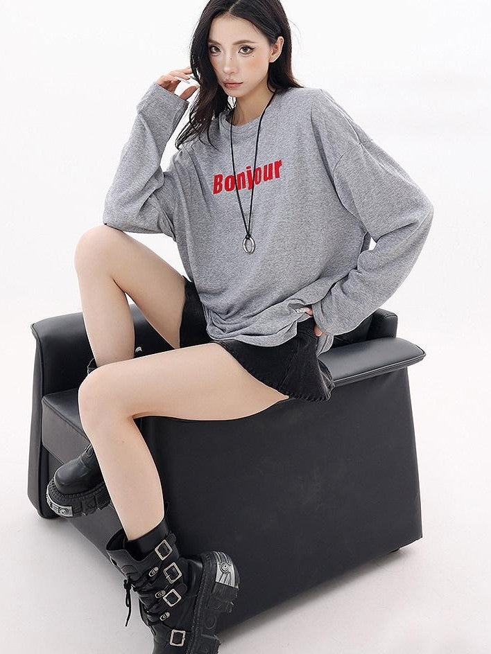 QIUQIU STUDIO Letter Print Colorblock Crewneck Loose Women&