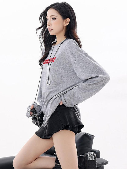 QIUQIU STUDIO Letter Print Colorblock Crewneck Loose Women&