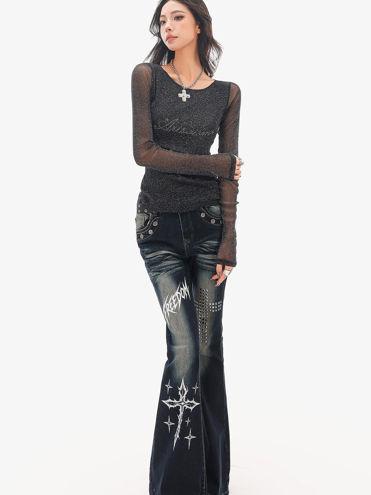 QIUQIU STUDIO Letter Print Distressed Slim Fit Women&