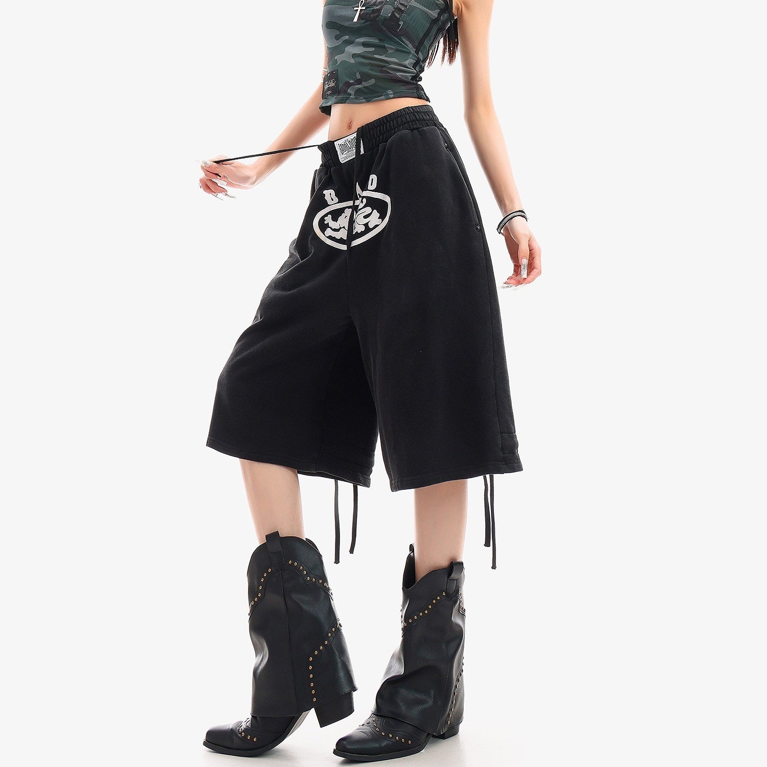 QIUQIU_STUDIO_Letter_Print_Drawstring_Elastic_Waist_Pocket_Wide_Leg_Women&