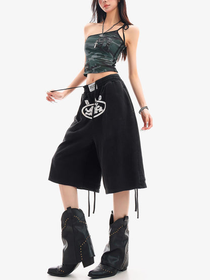 QIUQIU STUDIO Letter Print Drawstring Elastic Waist Pocket Wide Leg Women&