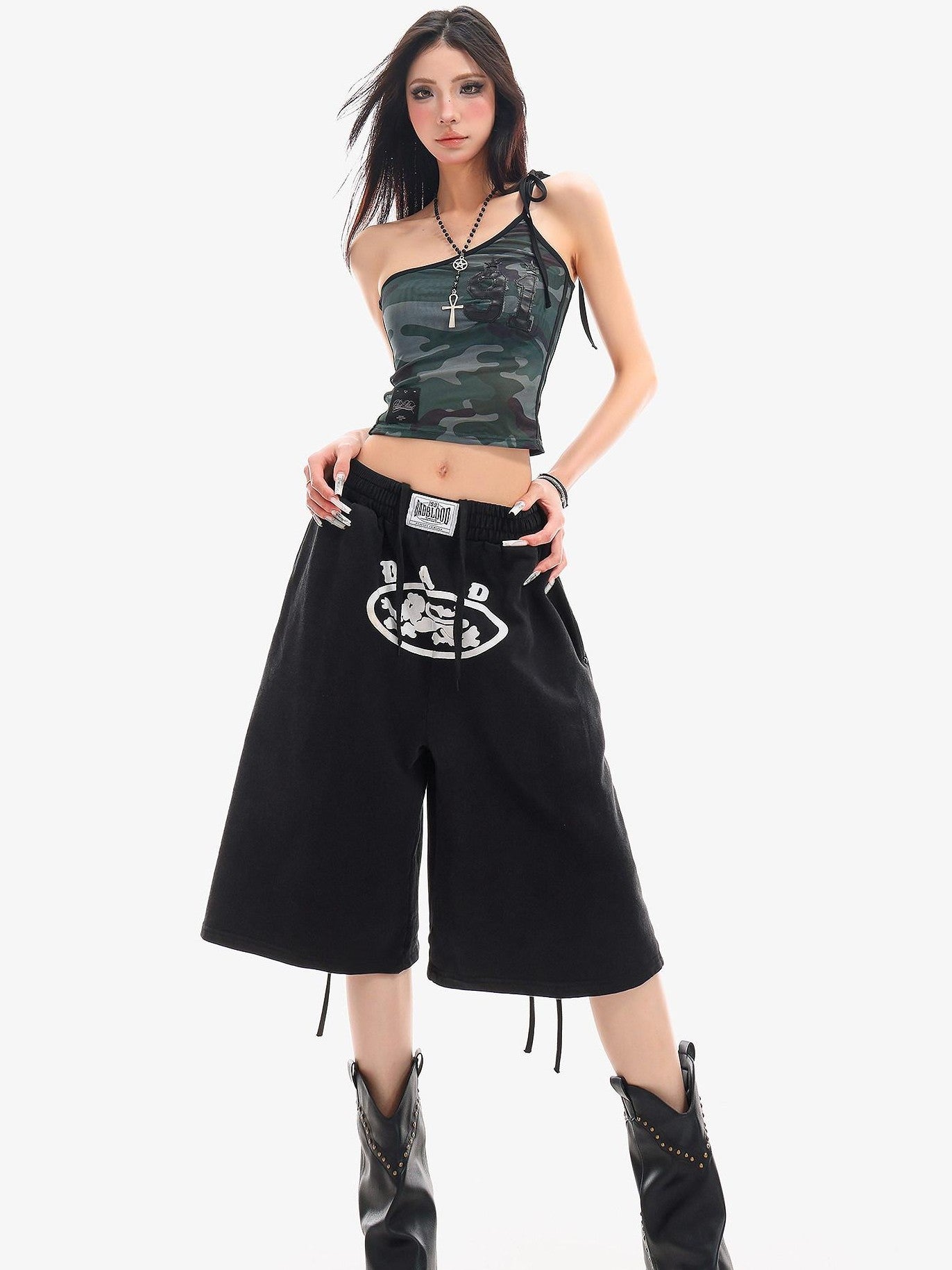 QIUQIU STUDIO Letter Print Drawstring Elastic Waist Pocket Wide Leg Women&