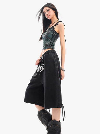 QIUQIU STUDIO Letter Print Drawstring Elastic Waist Pocket Wide Leg Women&