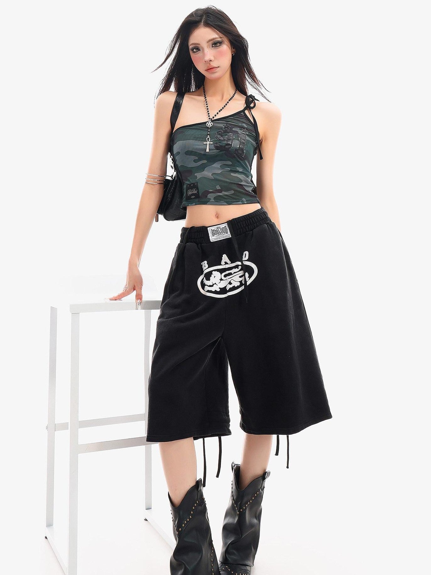 QIUQIU STUDIO Letter Print Drawstring Elastic Waist Pocket Wide Leg Women&
