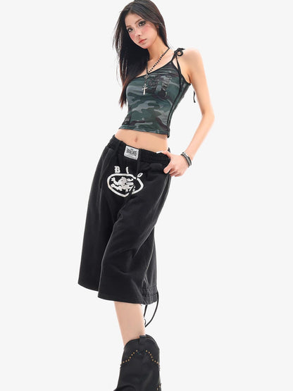 QIUQIU STUDIO Letter Print Drawstring Elastic Waist Pocket Wide Leg Women&