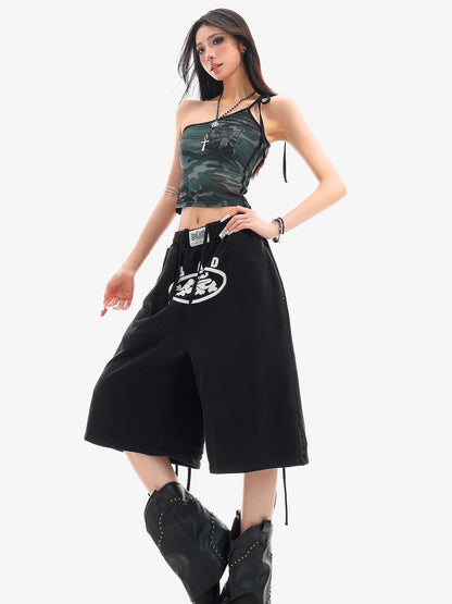 QIUQIU STUDIO Letter Print Drawstring Elastic Waist Pocket Wide Leg Women&