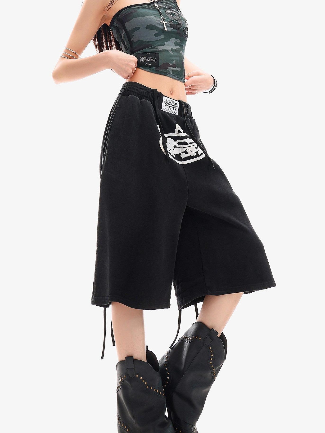 QIUQIU STUDIO Letter Print Drawstring Elastic Waist Pocket Wide Leg Women&