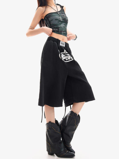 QIUQIU STUDIO Letter Print Drawstring Elastic Waist Pocket Wide Leg Women&