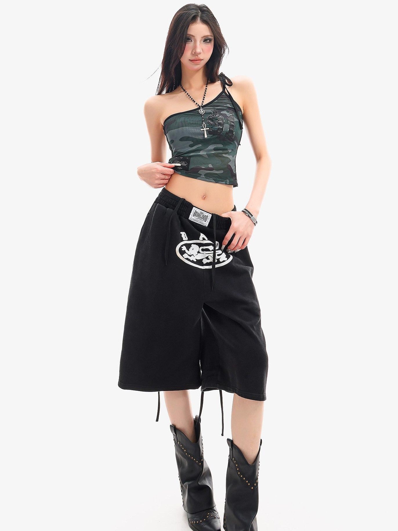 QIUQIU STUDIO Letter Print Drawstring Elastic Waist Pocket Wide Leg Women&