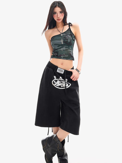 QIUQIU STUDIO Letter Print Drawstring Elastic Waist Pocket Wide Leg Women&