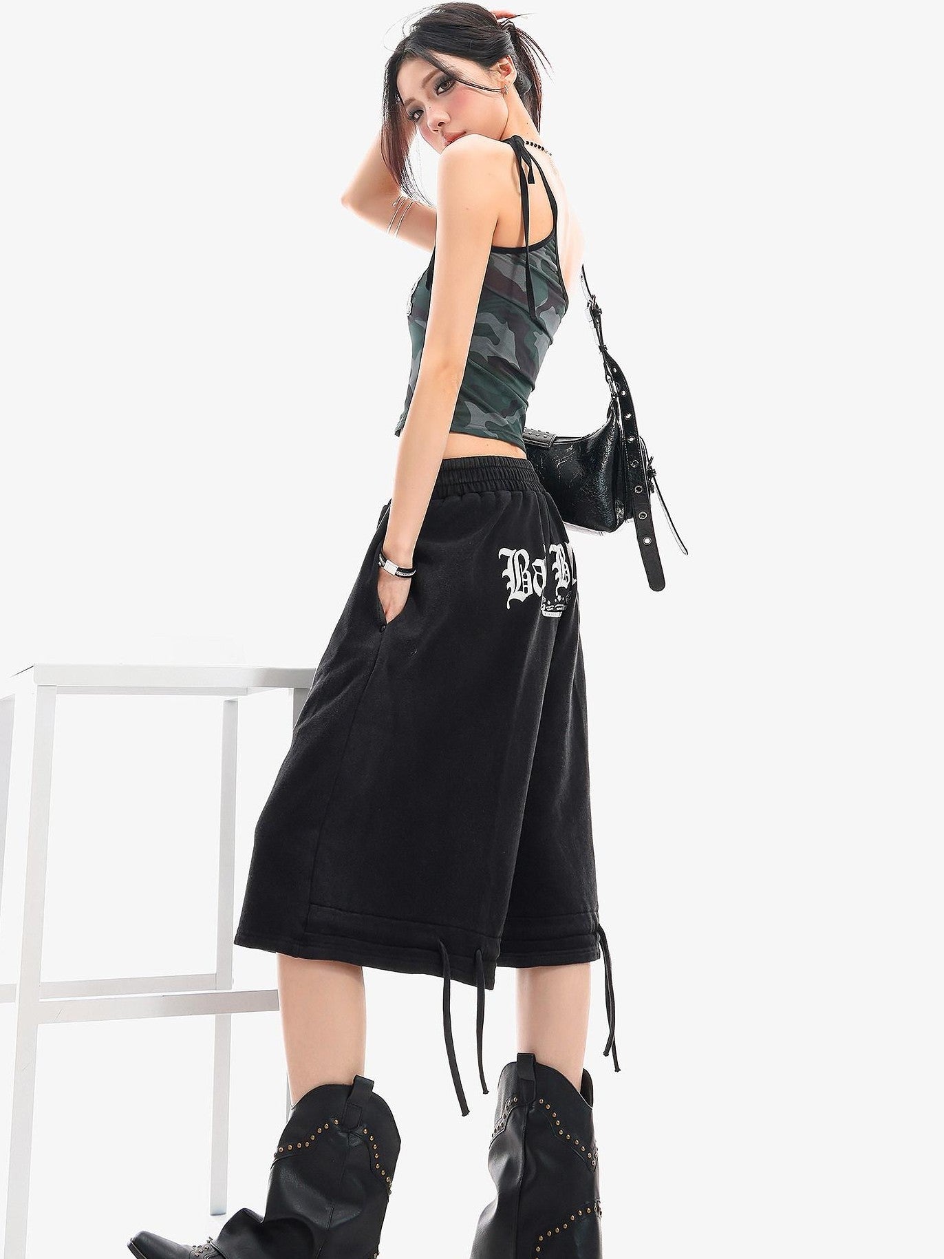 QIUQIU STUDIO Letter Print Drawstring Elastic Waist Pocket Wide Leg Women&