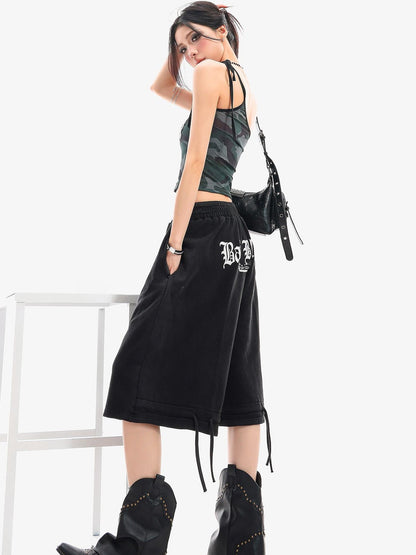 QIUQIU STUDIO Letter Print Drawstring Elastic Waist Pocket Wide Leg Women&