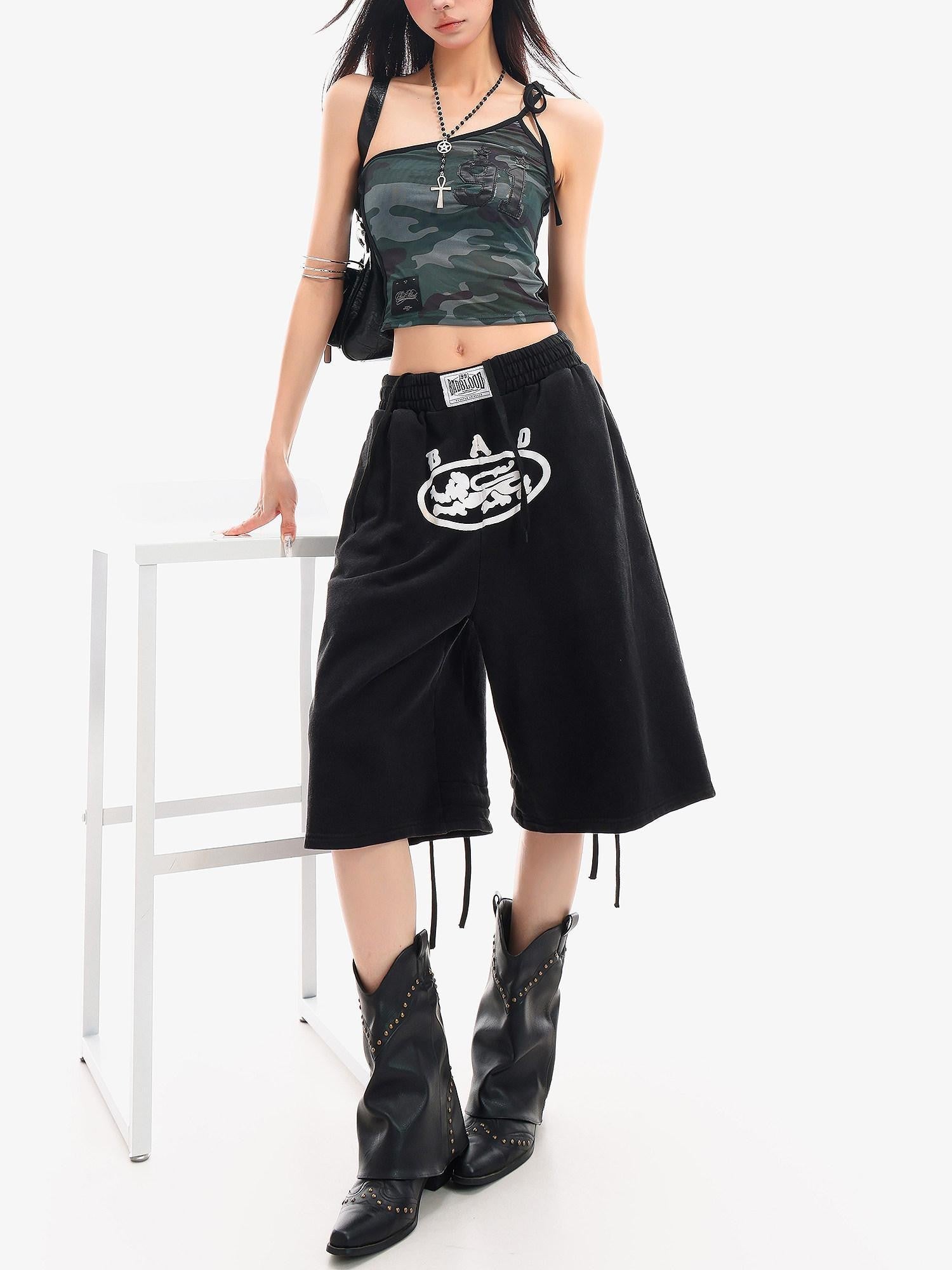 QIUQIU STUDIO Letter Print Drawstring Elastic Waist Pocket Wide Leg Women&