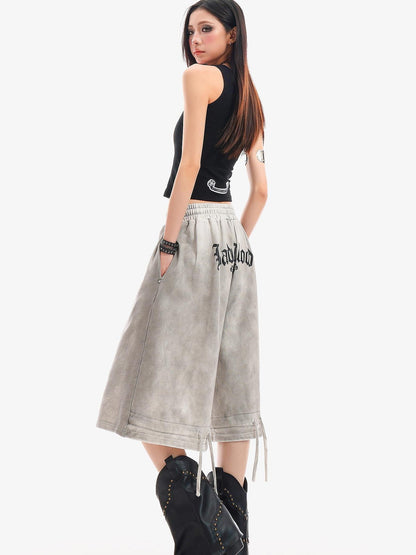 QIUQIU STUDIO Letter Print Drawstring Elastic Waist Pocket Wide Leg Women&