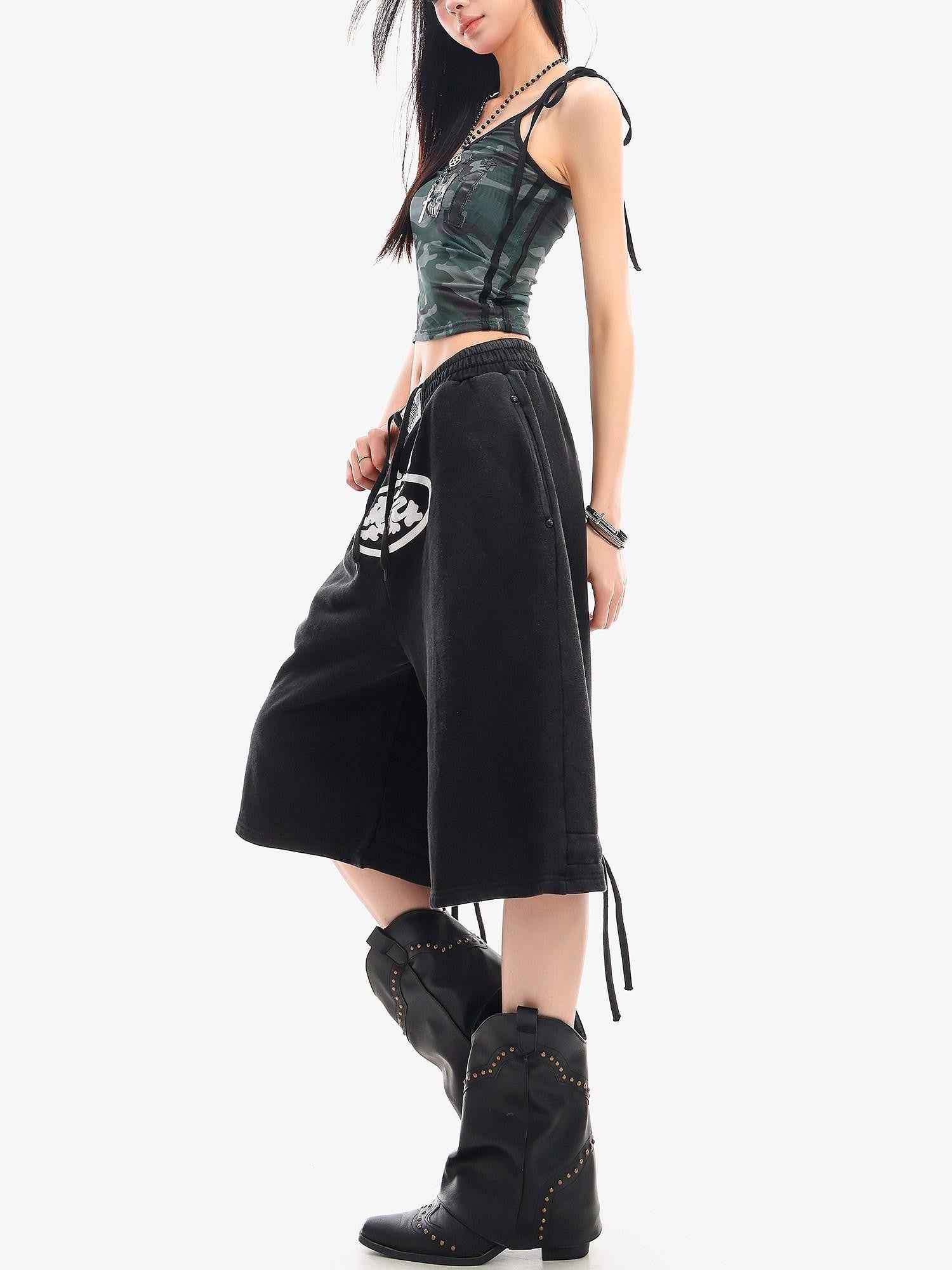 QIUQIU STUDIO Letter Print Drawstring Elastic Waist Pocket Wide Leg Women&