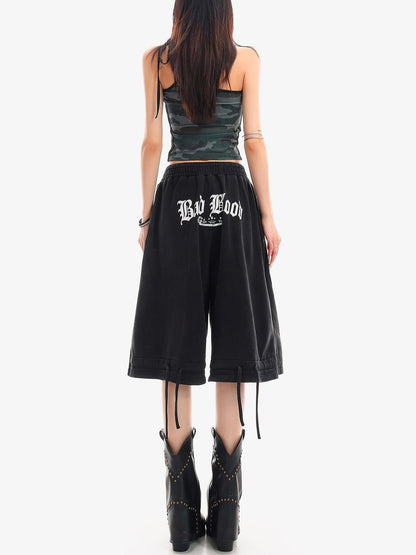 QIUQIU STUDIO Letter Print Drawstring Elastic Waist Pocket Wide Leg Women&
