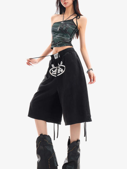 QIUQIU STUDIO Letter Print Drawstring Elastic Waist Pocket Wide Leg Women&