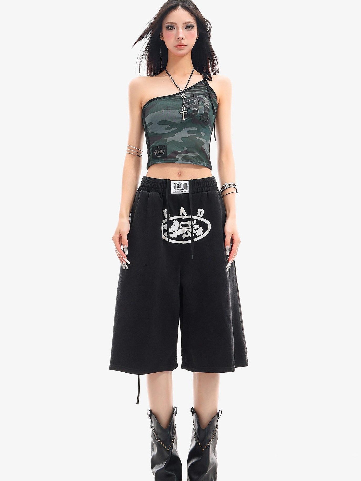 QIUQIU STUDIO Letter Print Drawstring Elastic Waist Pocket Wide Leg Women&