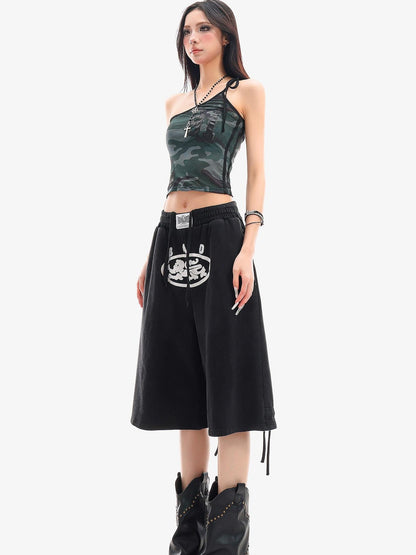 QIUQIU STUDIO Letter Print Drawstring Elastic Waist Pocket Wide Leg Women&