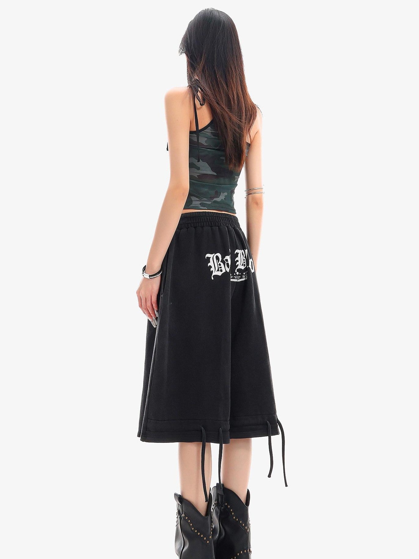 QIUQIU STUDIO Letter Print Drawstring Elastic Waist Pocket Wide Leg Women&