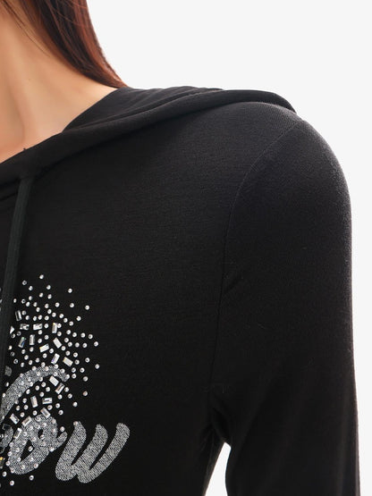 QIUQIU STUDIO Letter Print Rhinestone Hooded Slim Fit Cropped Women&