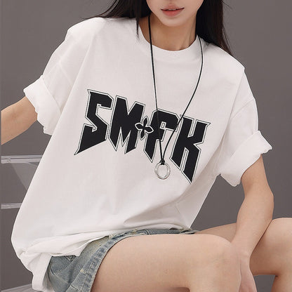 QIUQIU_STUDIO_Letter_Print_Round_Neck_Dropped_Shoulder_Short_Sleeve_Women&