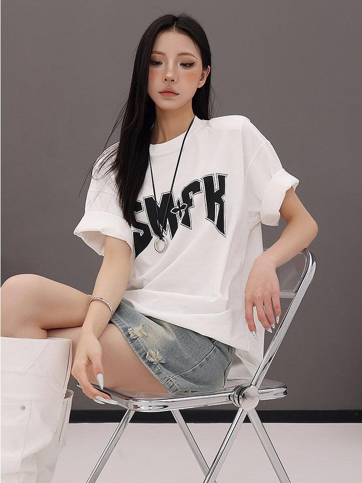 QIUQIU STUDIO Letter Print Round Neck Dropped Shoulder Short Sleeve Women&
