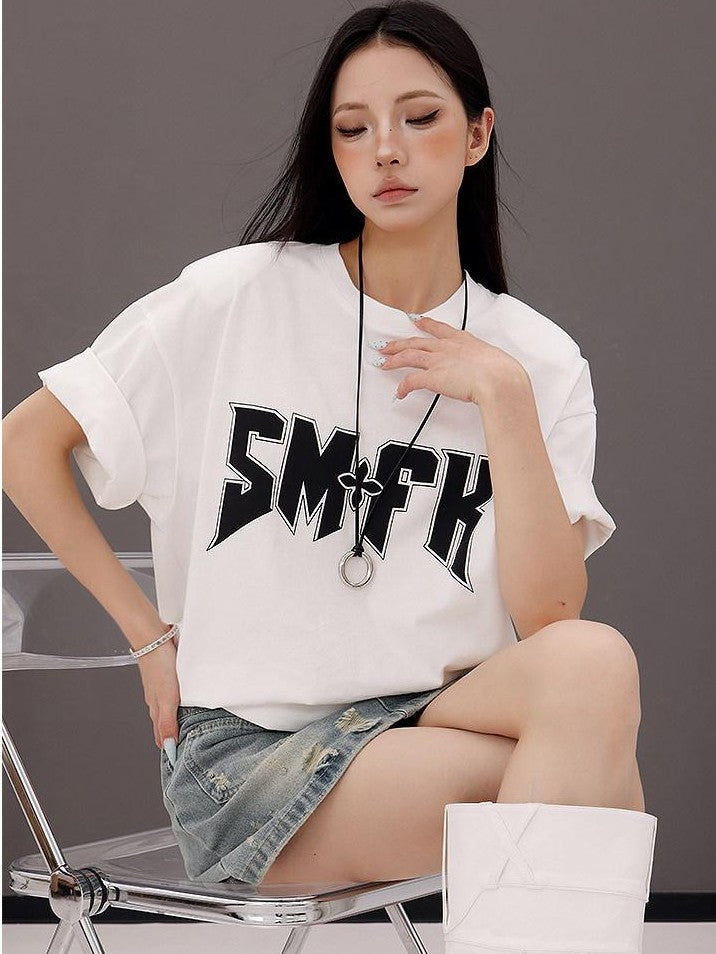 QIUQIU STUDIO Letter Print Round Neck Dropped Shoulder Short Sleeve Women&