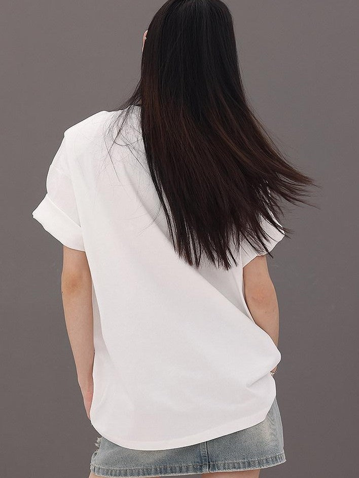 QIUQIU STUDIO Letter Print Round Neck Dropped Shoulder Short Sleeve Women&