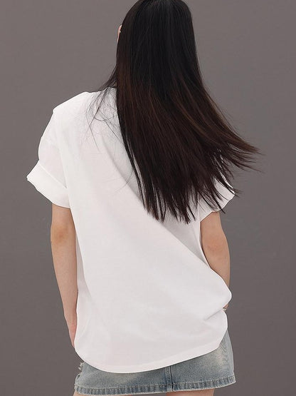 QIUQIU STUDIO Letter Print Round Neck Dropped Shoulder Short Sleeve Women&