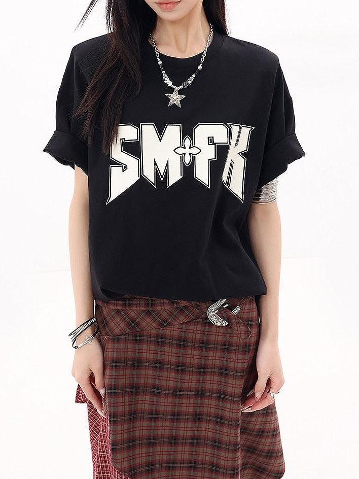 QIUQIU STUDIO Letter Print Round Neck Dropped Shoulder Short Sleeve Women&