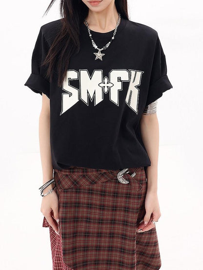 QIUQIU STUDIO Letter Print Round Neck Dropped Shoulder Short Sleeve Women&