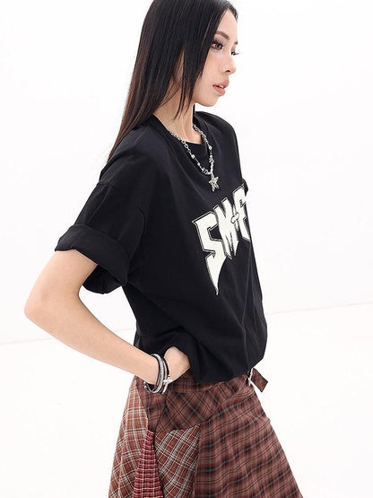QIUQIU STUDIO Letter Print Round Neck Dropped Shoulder Short Sleeve Women&